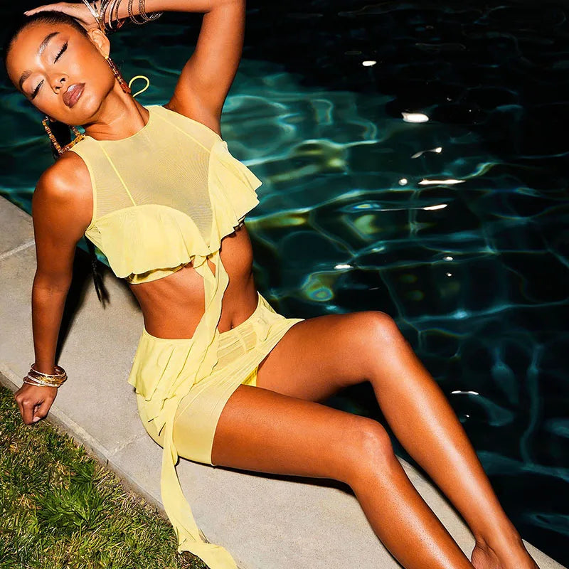 Sexy Mesh See-through Two Piece Skirt Set