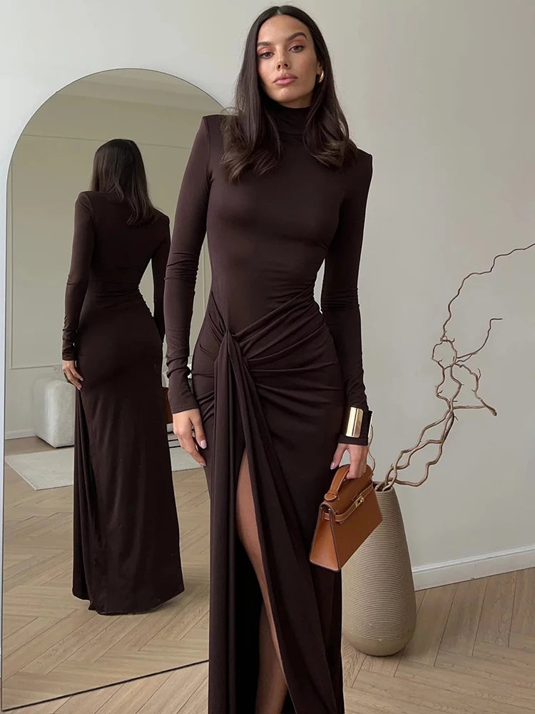 Nov Turtleneck Thigh High Split Sexy Maxi Dress