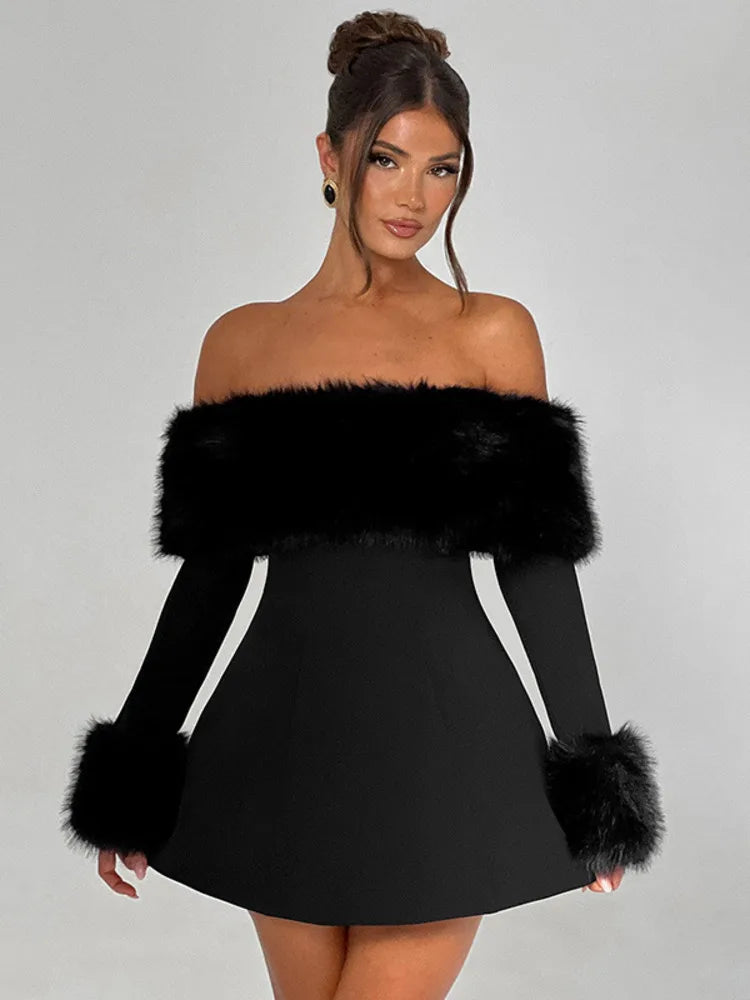 NovaThreads Feather Strapless Long Sleeve Sexy Mini Dress