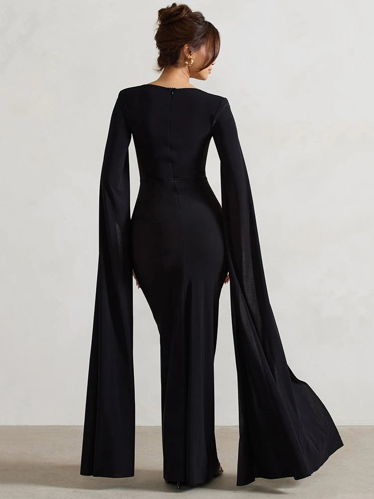 NT Long Cape Sleeve Split Maxi Dress