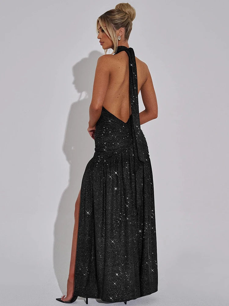 NovaThreads Glitter Deep V Neck Sexy Maxi Dress