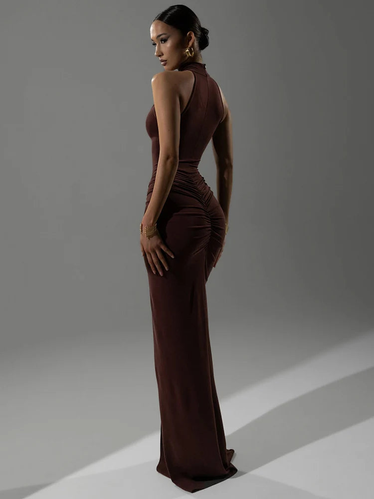 NovaThreads Halter Ruched Sleeveless Sexy Maxi Dress