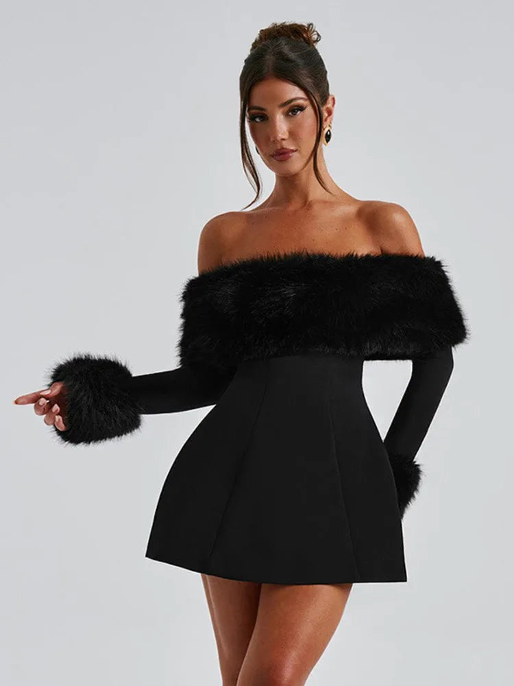 NovaThreads Feather Strapless Long Sleeve Sexy Mini Dress