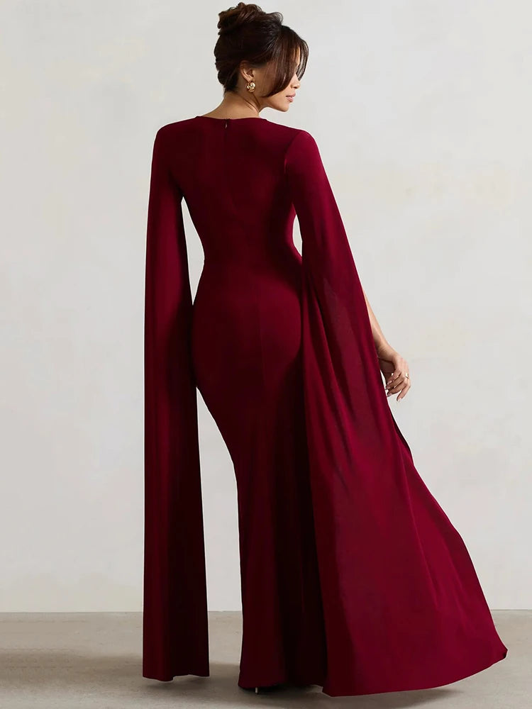 NT Long Cape Sleeve Split Maxi Dress