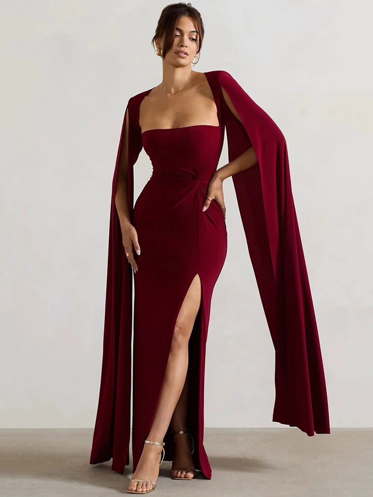 NT Long Cape Sleeve Split Maxi Dress