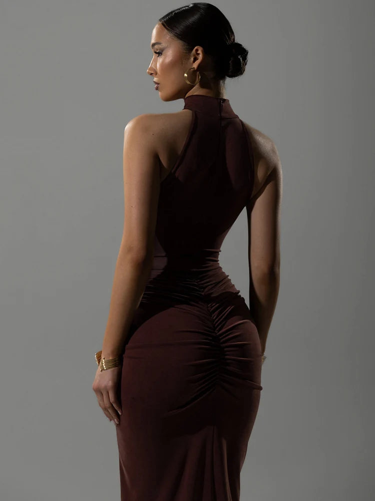 NovaThreads Halter Ruched Sleeveless Sexy Maxi Dress