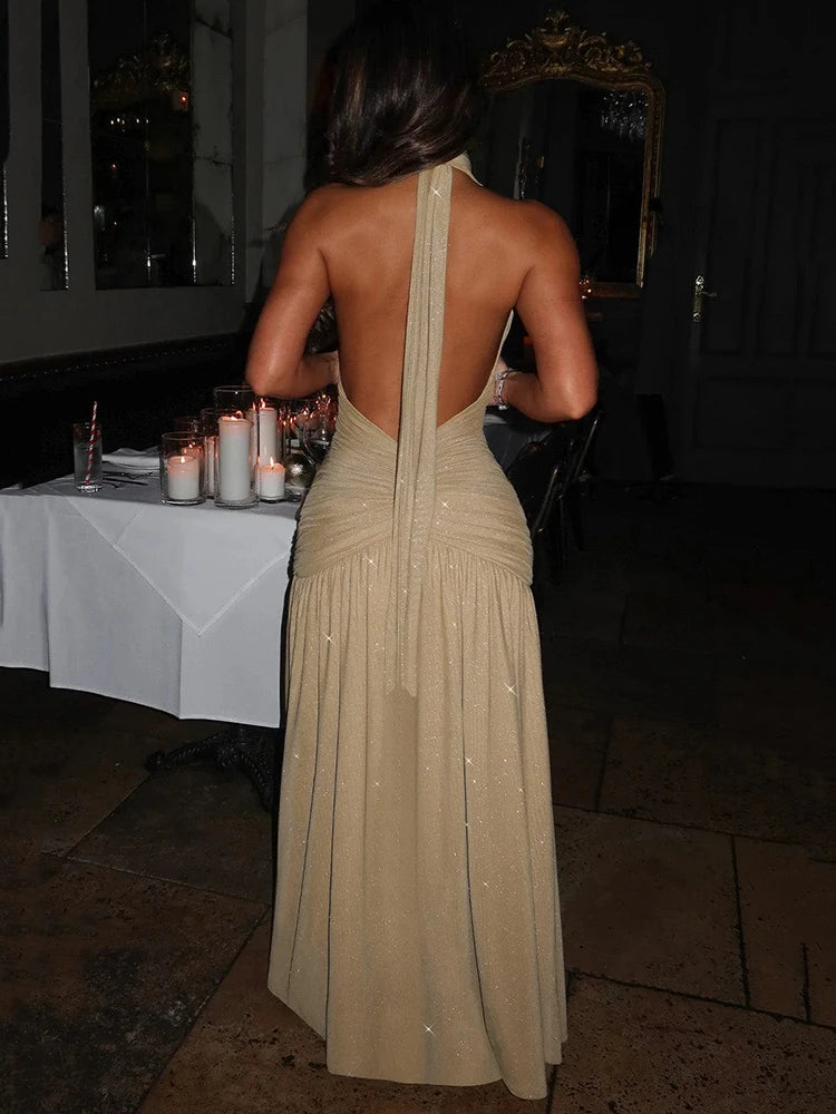 NovaThreads Glitter Deep V Neck Sexy Maxi Dress