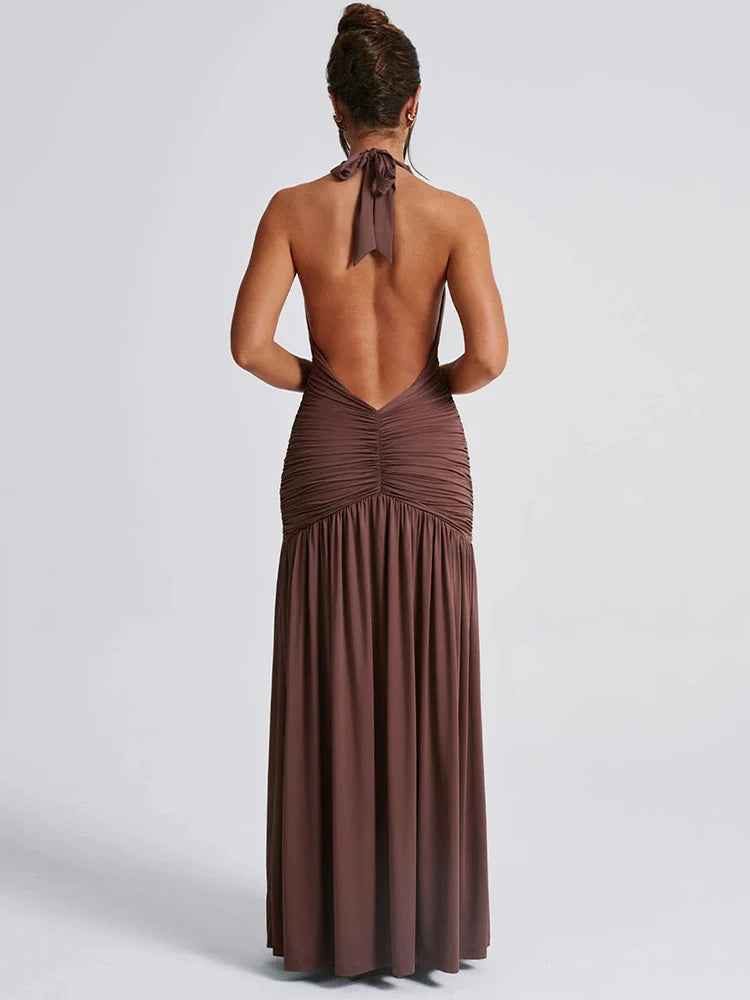 Nov Halter Deep V Neck Backless Maxi Dress
