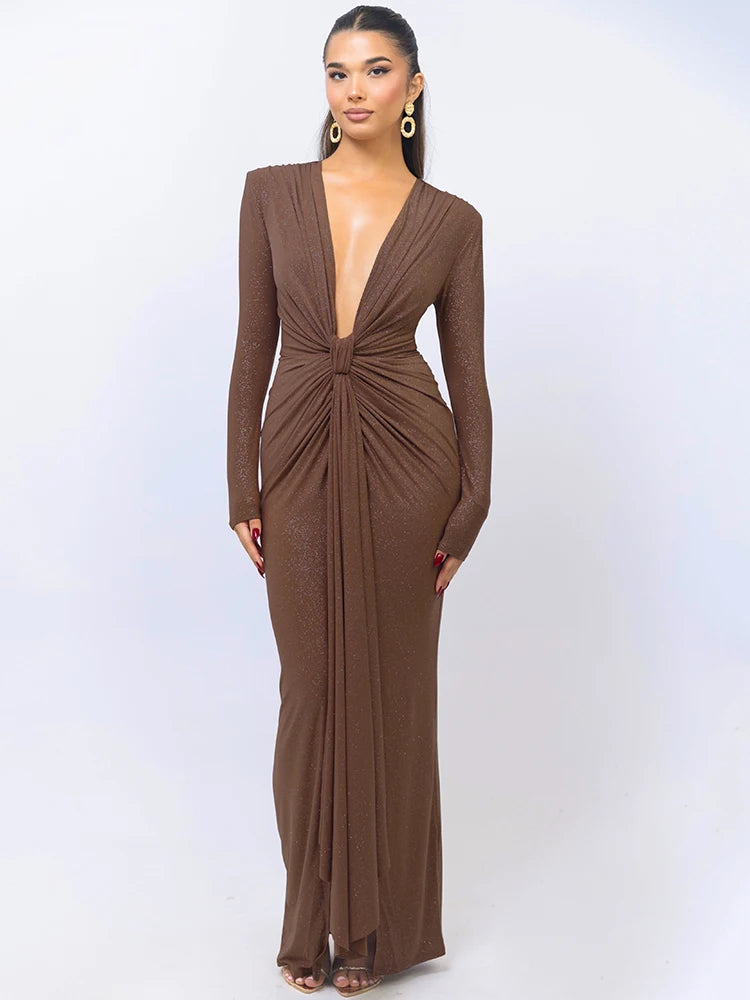 NovaThreads Glitter Deep V Neck Sexy Maxi Dress