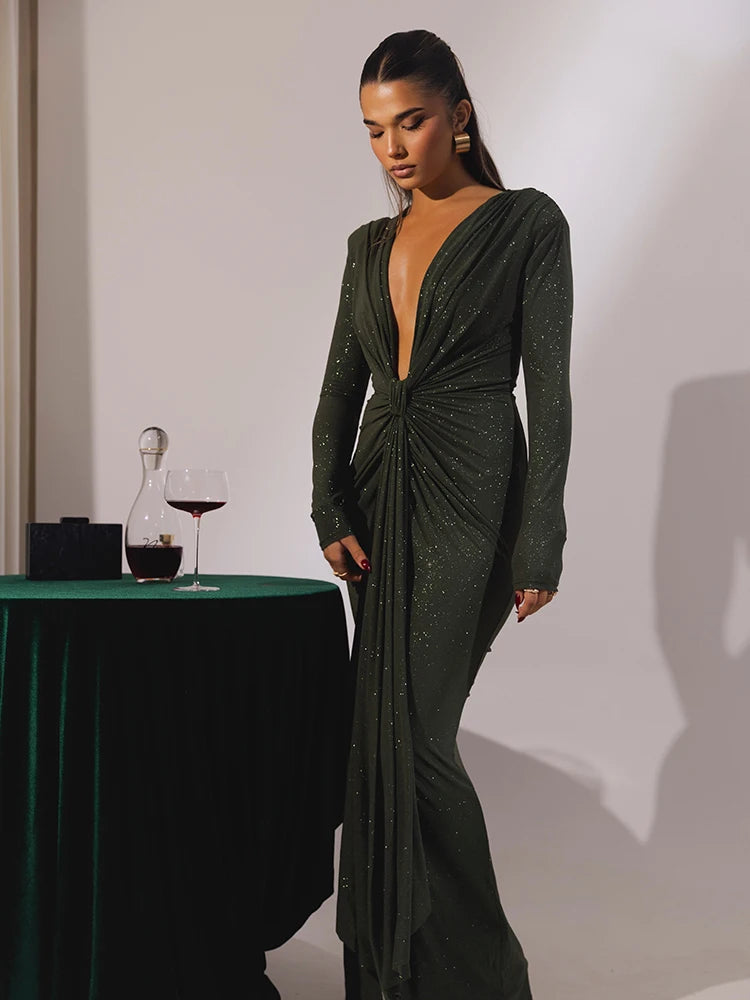 NovaThreads Glitter Deep V Neck Sexy Maxi Dress