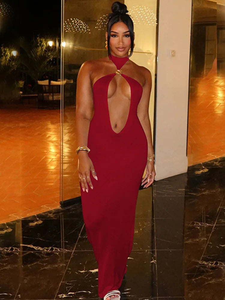 NovaThreads Halter Hollow Out Sexy Maxi Dress
