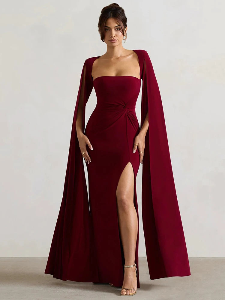 NT Long Cape Sleeve Split Maxi Dress