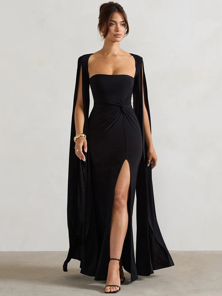 NT Long Cape Sleeve Split Maxi Dress