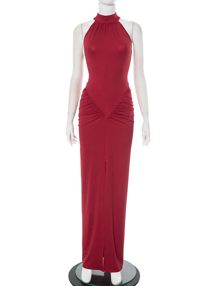 NovaThreads Halter Ruched Sleeveless Sexy Maxi Dress