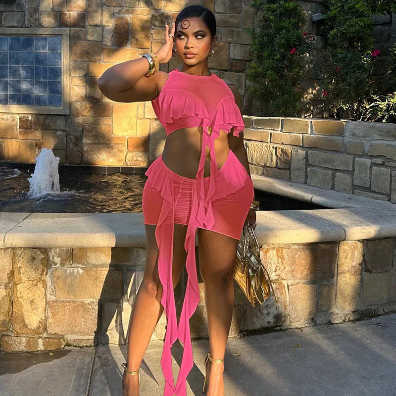 Sexy Mesh See-through Two Piece Skirt Set