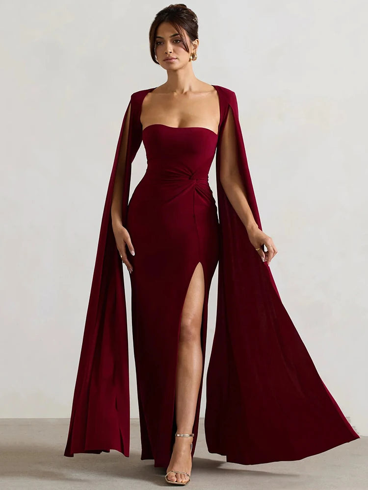 NT Long Cape Sleeve Split Maxi Dress