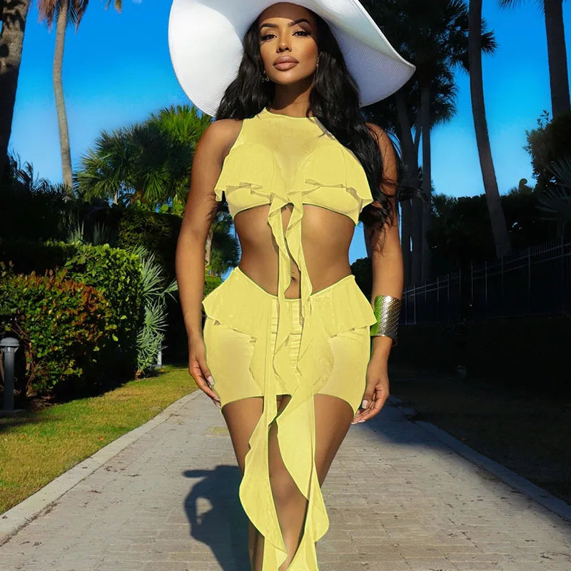 Sexy Mesh See-through Two Piece Skirt Set