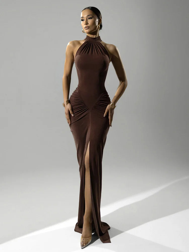 NovaThreads Halter Ruched Sleeveless Sexy Maxi Dress