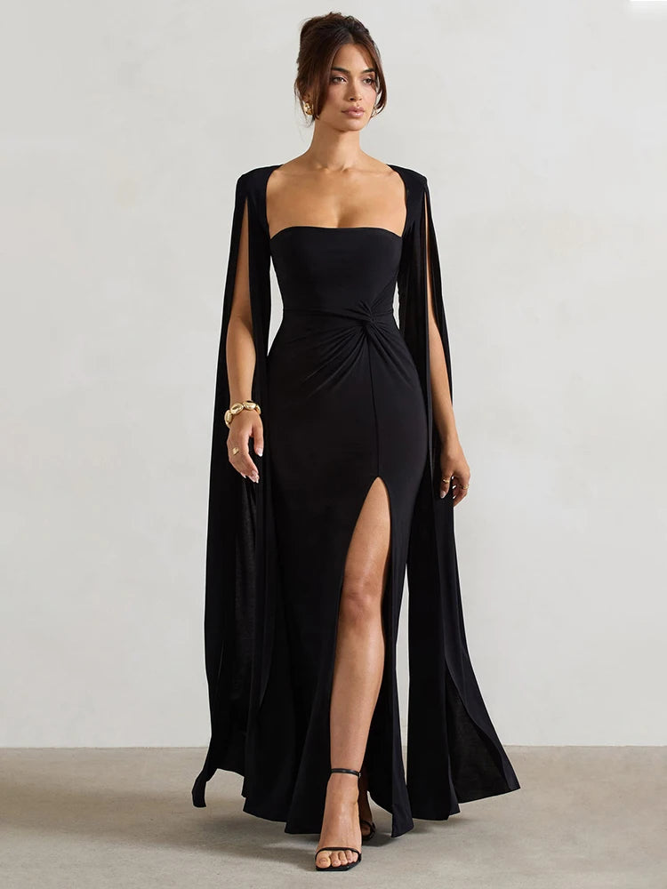 NT Long Cape Sleeve Split Maxi Dress