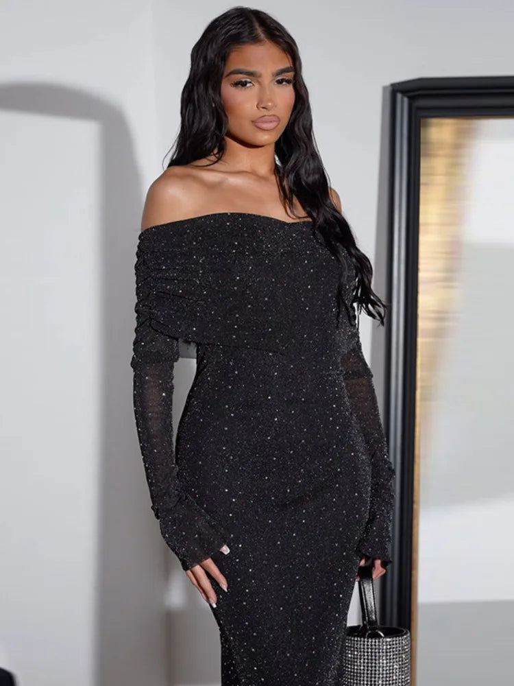 NovaThreads Glitter Off-shoulder Sexy Maxi Dress