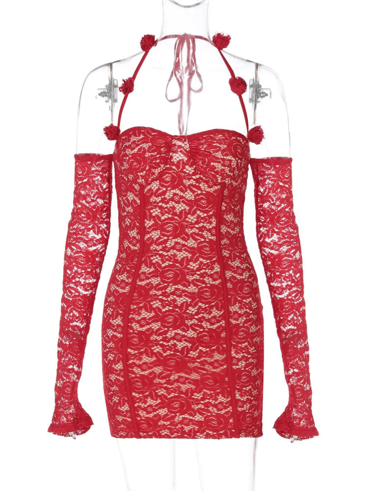 NovaThreads Red Lace Off-shoulder Sexy Mini Dress
