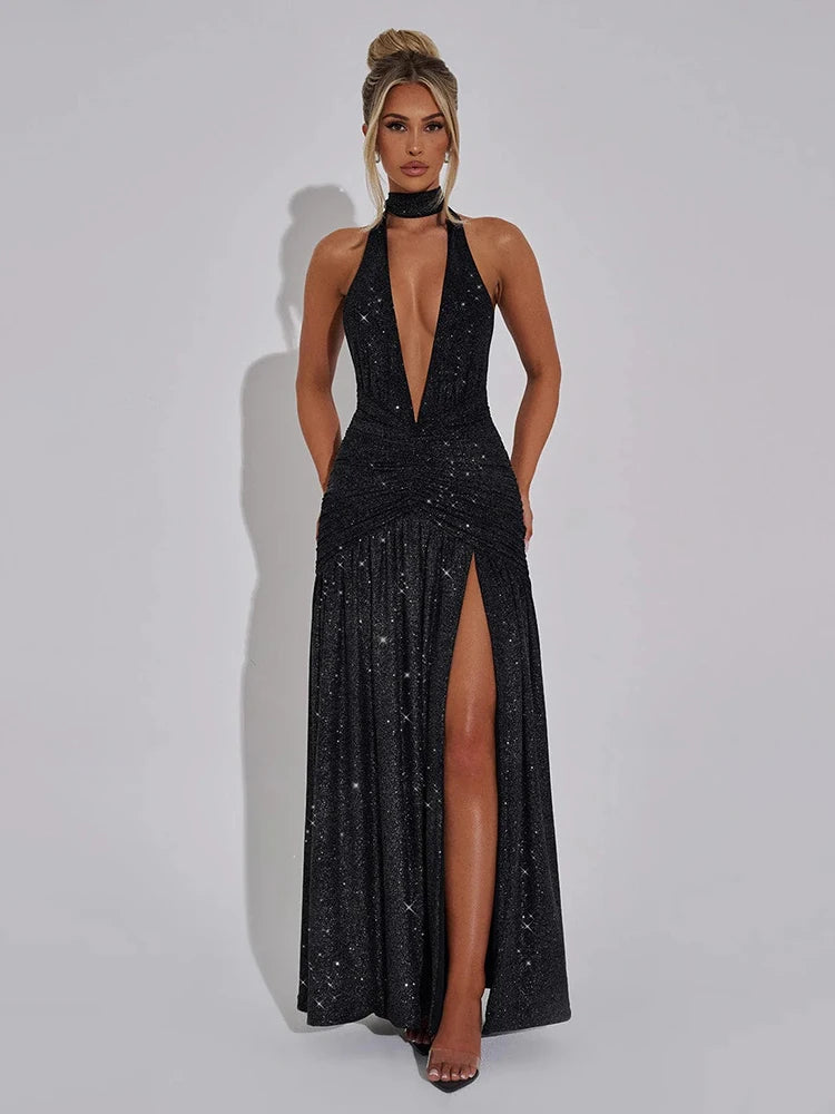 NovaThreads Glitter Deep V Neck Sexy Maxi Dress