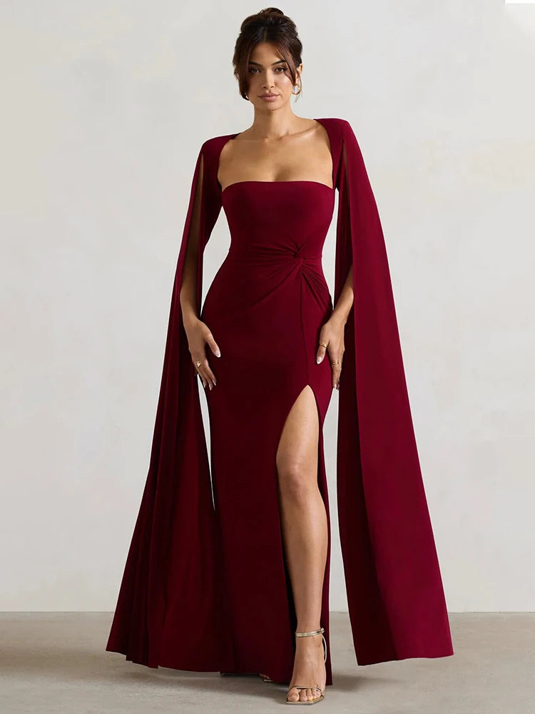 NT Long Cape Sleeve Split Maxi Dress