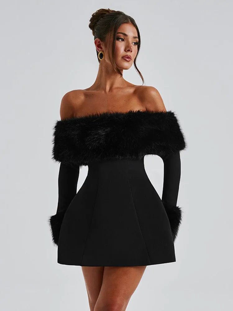 NovaThreads Feather Strapless Long Sleeve Sexy Mini Dress